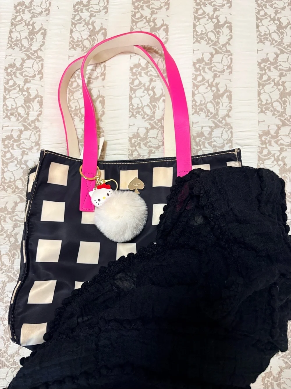 3pc Kate Spade Tote with Hello Kitty Charm & Black Scarf
